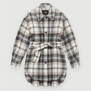 Maje Gavinima Plaid Wool Blend Shirt Jacket In Beige size 1